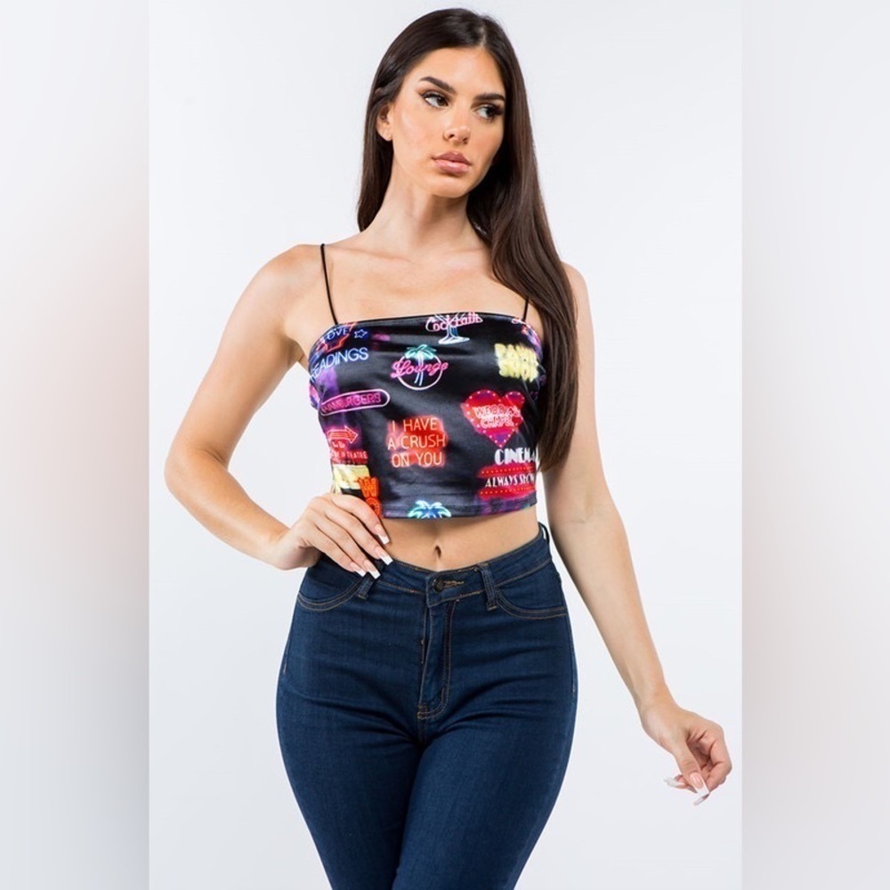 Bear Dance Vegas Light Neon Sign Influencer Printed Satin Sleeveless Crop Top